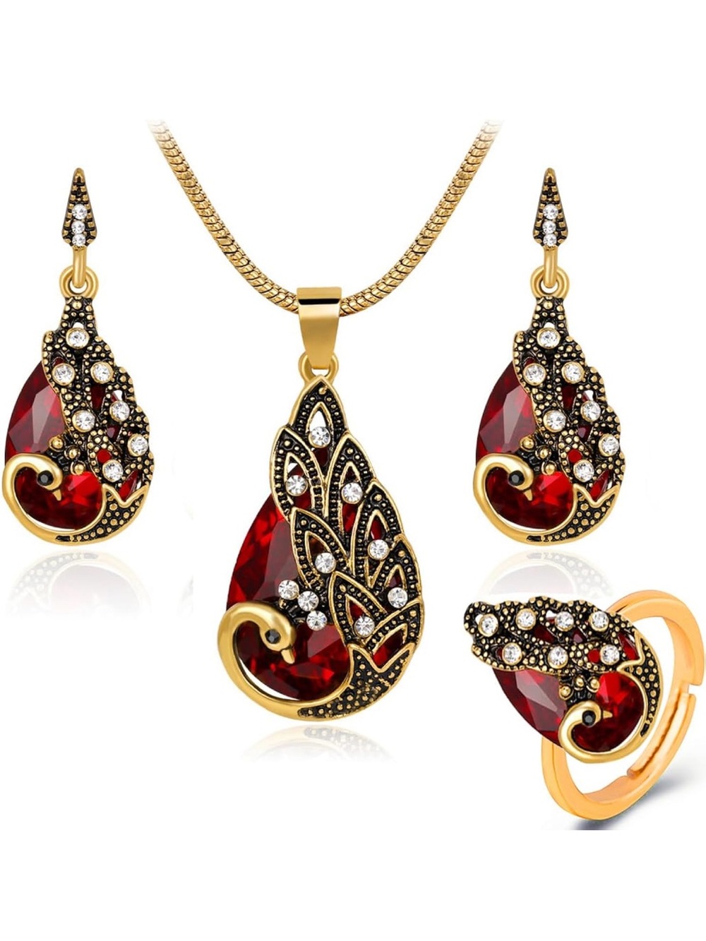 Ornate Peacock Rhinestone Jewelry Set Necklace Earrings Ring